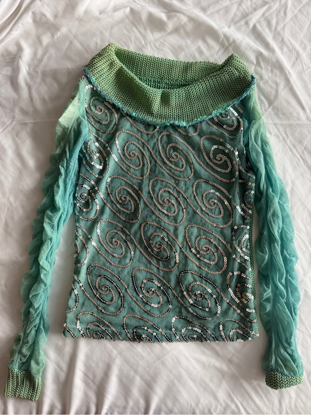 Vintage Euro Turquoise and Green Sequin Mesh and Knit Long Sleeve Top